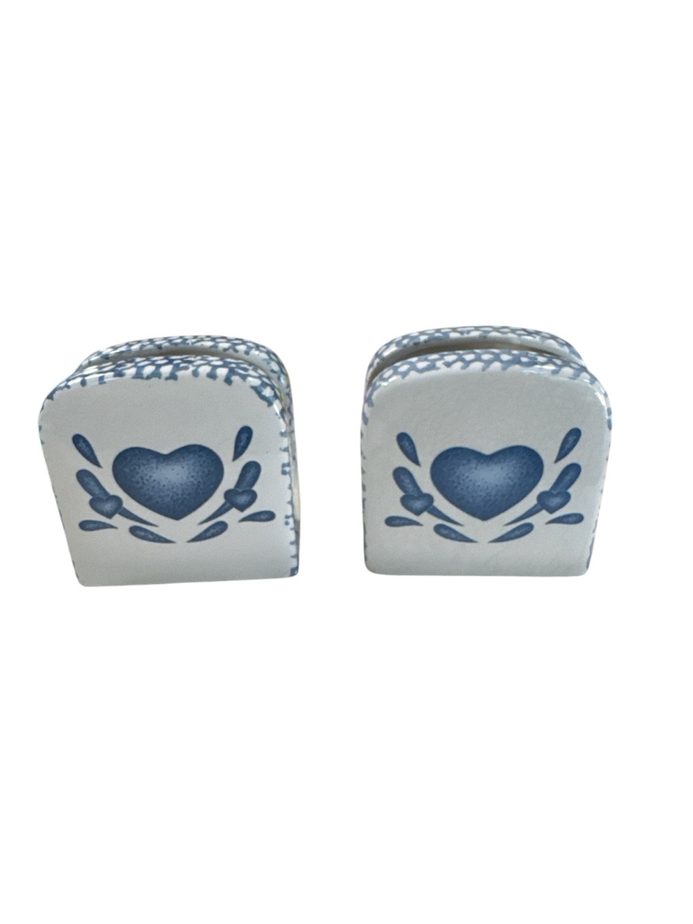 Vintage Blue White Ceramic Napkin Holders Heart Country Cottage Set Of 2 Grandma